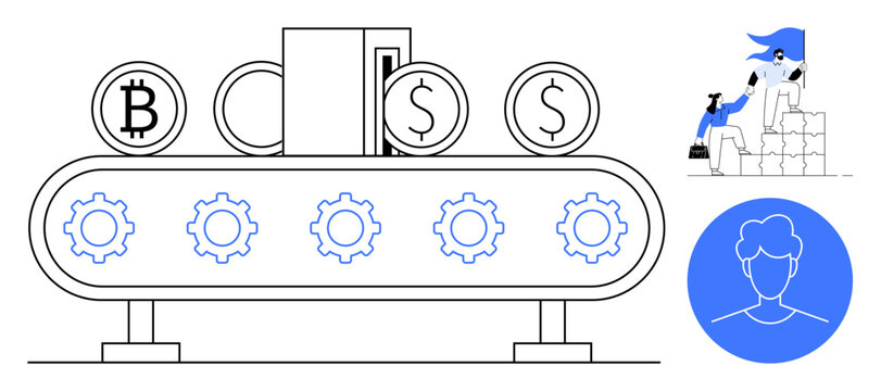 Bitcoin, dollar coins, and gears on a conveyor belt represent automation and financial operations. Person celebrating success atop stacked blocks suggests progress. Ideal for finance, cryptocurrency