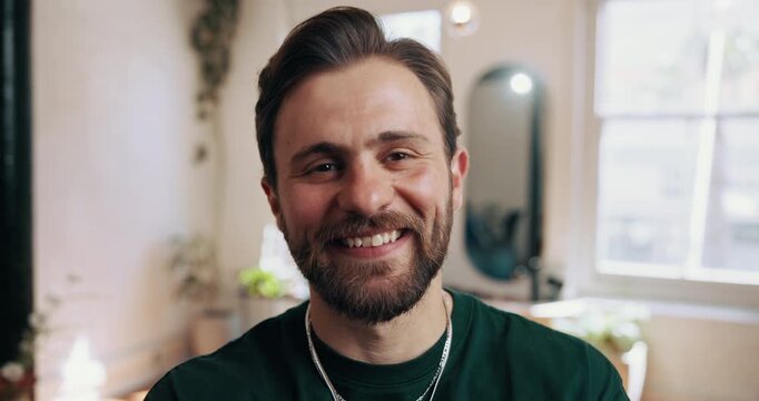 Man, barber and face in small business with smile for entrepreneur, pride and startup. Hairstylist, portrait and confident in barbershop for styling service with hair salon owner in creative industry