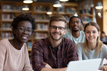 Obraz premium A group of people are smiling and sitting around a table with a laptop