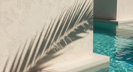 Shadow of palm leaf on white wall near swimming pool in sunny summer day