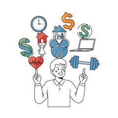 A cheerful figure balances symbols of work, home, time, and wellness, illustrating perfect mental equilibrium in a vibrant flat 2D style.