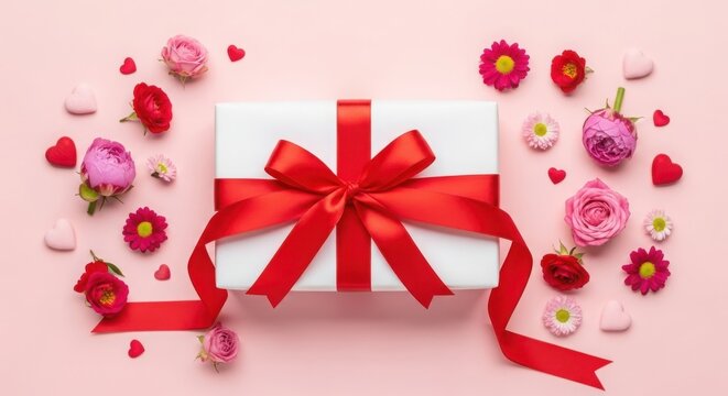 Elegant gift box tied with a red ribbon surrounded by roses and hearts