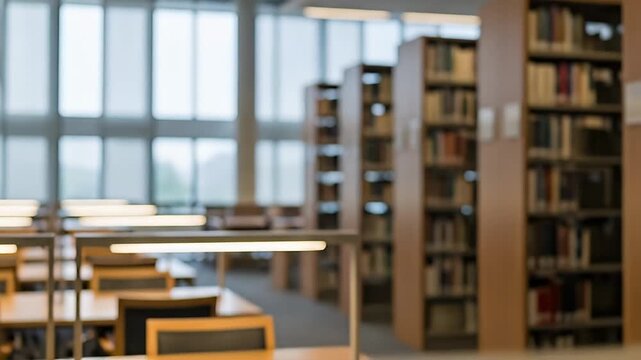 A beautifully blurred interior shot creates a tranquil and academic atmosphere, ideal for conveying concepts of learning, research, and quiet contemplation. The soft bokeh effect highlights rows of bo