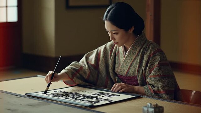 Serene Japanese Woman in Traditional Kimono Engaged in Sumi-e Ink Painting on Tatami Mat, Showcasing Cultural Artistry and Focused Craft