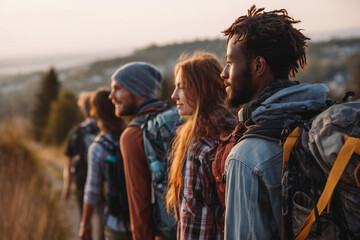 A group of people are hiking up a mountain, with one of them wearing a hat