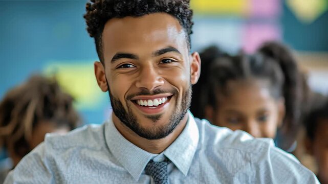 Smiling young male teacher interacting with eager students in a vibrant classroom setting