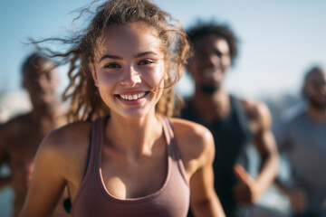 A woman with long hair is smiling and running with two other people