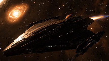 Space ship in deep space futuristic science fiction 3D rendering illustration