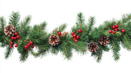 Festive Christmas Garland with Evergreen Branches and Red Berries on Transparent Background
