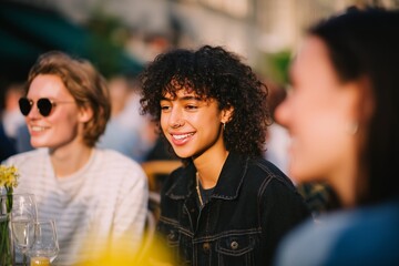 Group of diverse friends enjoying time at an outdoor cafe, with one smiling woman in a denim jacket, surrounded by laughter and vibrant atmosphere, capturing joyful moments together