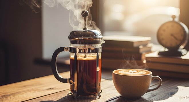 Enjoying the comforting aroma and warmth of freshly brewed coffee from a French press, complemented by a creamy latte art creation, in a serene, sun-drenched setting