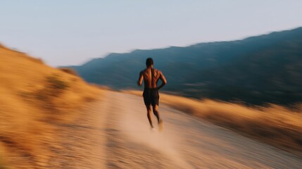 Outdoor athlete running along a dirt road in the mountains, showcasing determination and speed, surrounded by golden grass and distant hills, capturing the essence of adventure and fitness