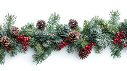 Festive Christmas Garland with Evergreen Branches and Red Berries on Transparent Background
