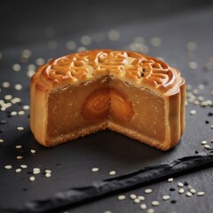 Close-up studio shot of a sliced mooncake on a black slate surface, with honey being poured over it.