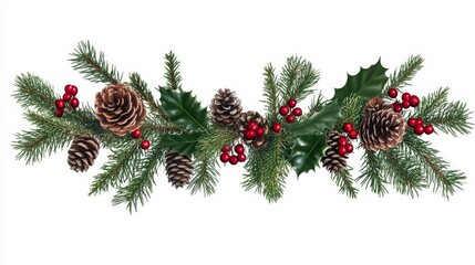 Festive Christmas Garland with Evergreen Branches and Red Berries on Transparent Background