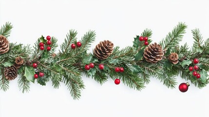 Festive Christmas Garland with Evergreen Branches and Red Berries on Transparent Background