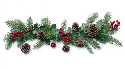 Festive Christmas Garland with Evergreen Branches and Red Berries on Transparent Background