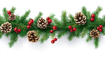 Festive Christmas Garland with Evergreen Branches and Red Berries on Transparent Background