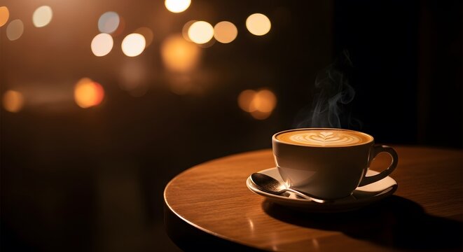 A comforting cup of steaming coffee on a polished wooden table, softly illuminated by warm, blurry background lights, evoking a serene and cozy evening atmosphere
