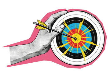 Pop Art Illustration Arrow Hits Bullseye Target Achieving Goals Hand Precision Focus and on transparent background