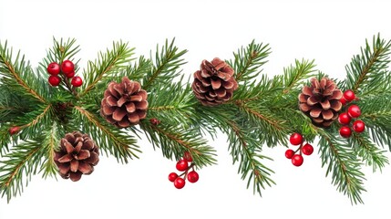Festive Christmas Garland with Evergreen Branches and Red Berries on Transparent Background