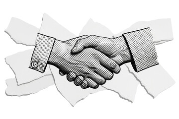 Partnership handshake through paper rip digital art success connection agreement business on transparent background