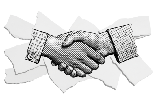 Partnership handshake through paper rip digital art success connection agreement business on transparent background