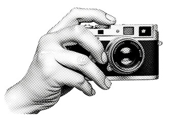 Vintage Camera in Hand Photography Art Black and White Halftone Image of Hand Holding Classic on transparent background