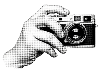 Vintage Camera in Hand Photography Art Black and White Halftone Image of Hand Holding Classic on transparent background