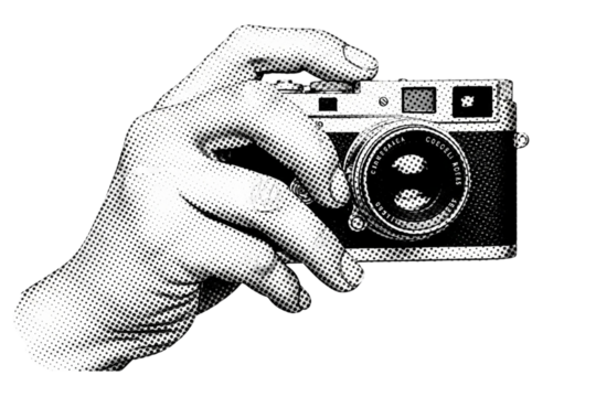 Vintage Camera in Hand Photography Art Black and White Halftone Image of Hand Holding Classic on transparent background