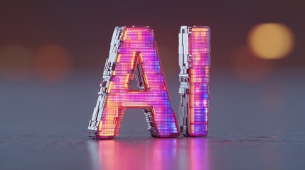 Futuristic typography featuring bold AI letters constructed from modular design elements, illuminated with vibrant colors, showcasing modern technology and innovation in a captivating visual display