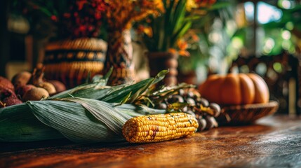 Autumn harvest scene with corn and pumpkin on rustic table for thanksgiving decor