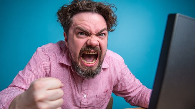 Frustrated man yelling at computer screen during online gaming, showcasing emotions related to stress and anger management amidst digital interactions in a vibrant setting.