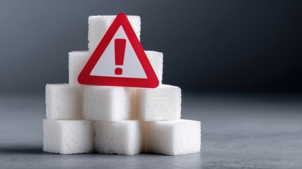 Pile of white sugar cubes with a red warning sign on top symbolizing health risk