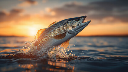 Dynamic close-up image of a fish leaping out of the water during a vibrant sunrise or sunset