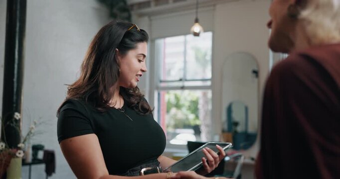 Happy women, hairdresser or handshake with tablet for appointment or online booking in beauty salon. Female people, customer or shaking hands with technology for schedule or check in at hair parlor