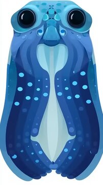 Abstract Blue Aquatic Creature with Large Eyes and Spotted Pattern on White Background.