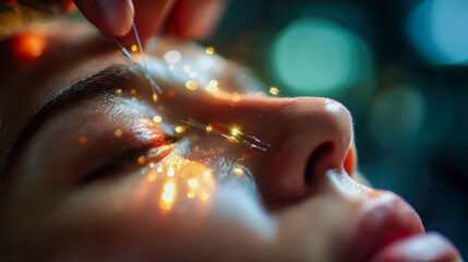 Close-up view of facial acupuncture needles creating a soothing therapeutic atmosphere