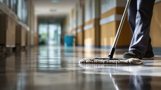 Janitor mopping the shiny floor of a long, bright school hallway