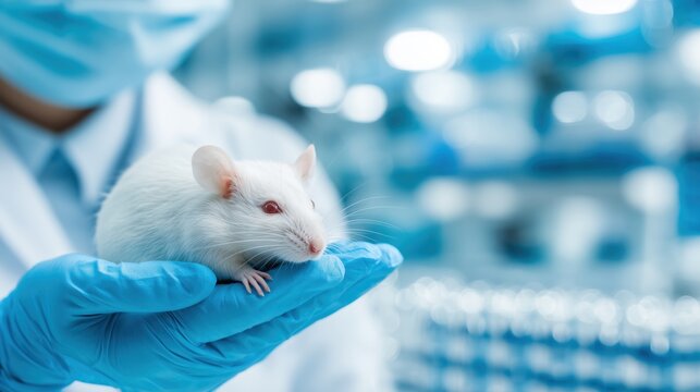 Scientist holds a white laboratory mouse, a subject for scientific experiment