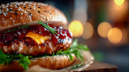 A mouthwatering close-up of a juicy cheeseburger topped with ketchup, featuring fresh lettuce and a sesame bun