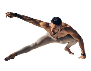 Athletic Male Fitness Enthusiast Stretching Before an Intense Workout Session in a Dynamic Isolated Pose