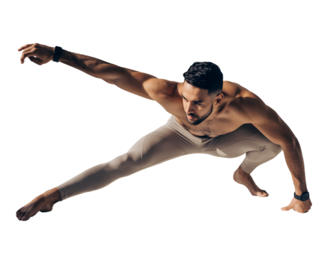 Athletic Male Fitness Enthusiast Stretching Before an Intense Workout Session in a Dynamic Isolated Pose