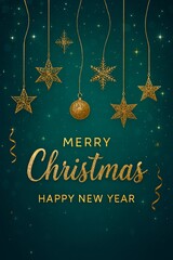 Merry Christmas and Happy New Year greeting card with gold star, snowflake, and winter holiday season decoration illustration