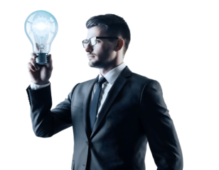 Businessman Holding a Glowing Imaginary Idea Bulb, Isolated for Innovation, Creativity, and Business Concept Design Projects