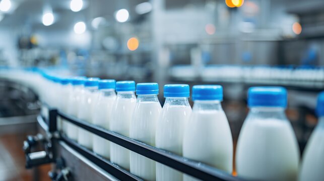 Milk bottles moving on automated conveyor system inside modern dairy plant