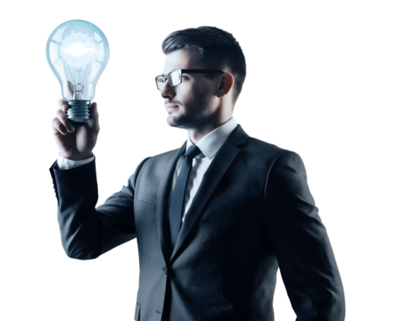 Businessman Holding a Glowing Imaginary Idea Bulb, Isolated for Innovation, Creativity, and Business Concept Design Projects
