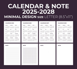 Printable 2025-2028 Calendar & Note Pages | Letter Size (8.5"x11")