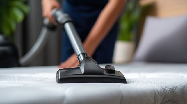 Close-up of a household vacuum cleaner head sanitizing a mattress