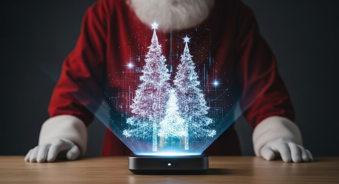 Blue holographic christmas trees are projected from black device. Santa's hands on background. Symbol of Christmas and New Year. Technology progress, digital data and AI concept. Selective soft focus